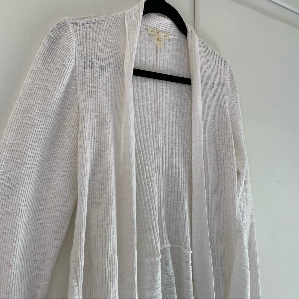 Eileen Fisher Organic Linen Cotton Cream Ribbed Open Cardigan Back Detail S
